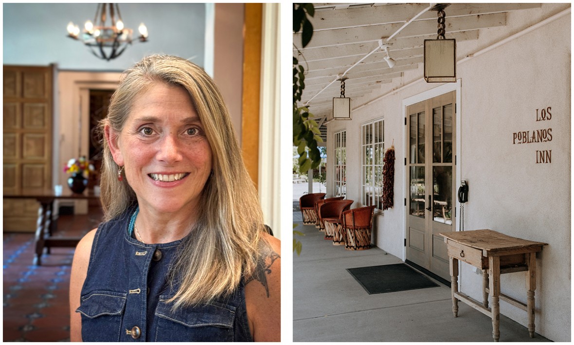 left picture: kim headshot; right picture: inn entrance